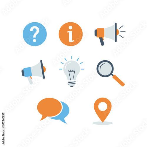 Collection of icons representing communication, discovery, and information sharing