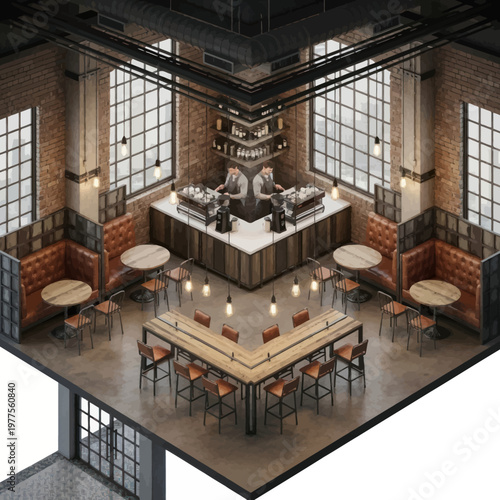 Modern Industrial Coffee Shop Interior Design with Booths and Bar Seating.