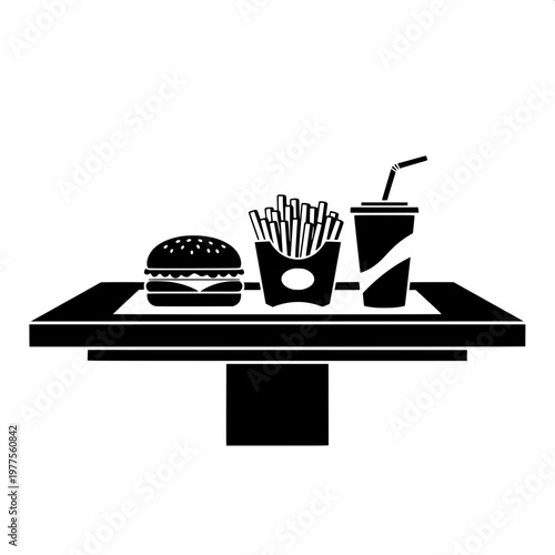 fast food meal set with burger fries and soda on black tray isolated