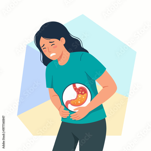 A woman is shown experiencing stomach pain, holding her abdomen in discomfort. The graphic effectively conveys the struggle with digestive issues or gastritis.
