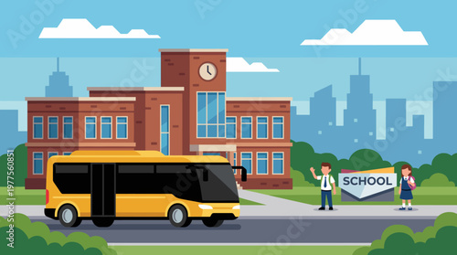 An illustration of a school environment shows a yellow bus and two students waiting outside, embodying the beginning of a new day filled with learning.