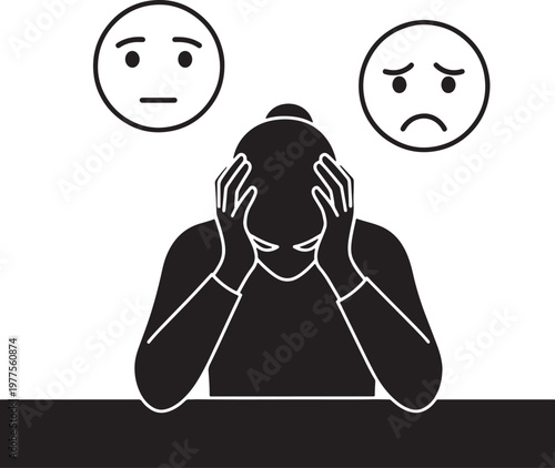 Black and white of a person holding their head in frustration with emoticons of sadness and anger also transparent background