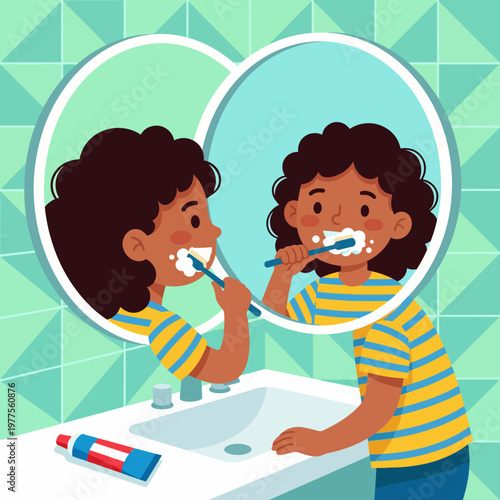 A cheerful child is brushing their teeth in a bathroom, emphasizing the importance of dental hygiene and routine in daily life with a vibrant and playful touch.
