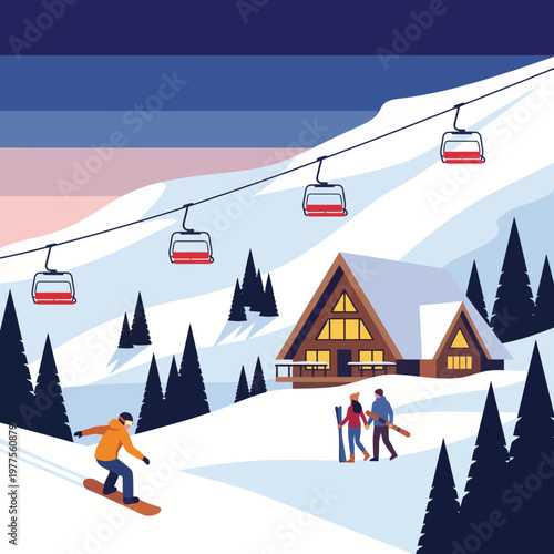A breathtaking snowy landscape shows a snowboarder enjoying the slopes, alongside others walking, encapsulating the thrill of winter sports in a picturesque setting.