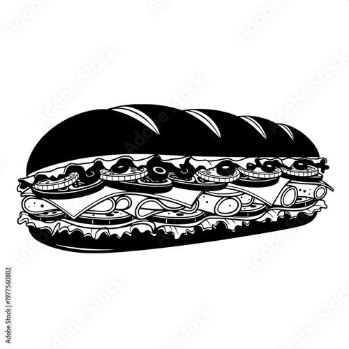 detailed black and white line art of a footlong sub sandwich with assorted fillings