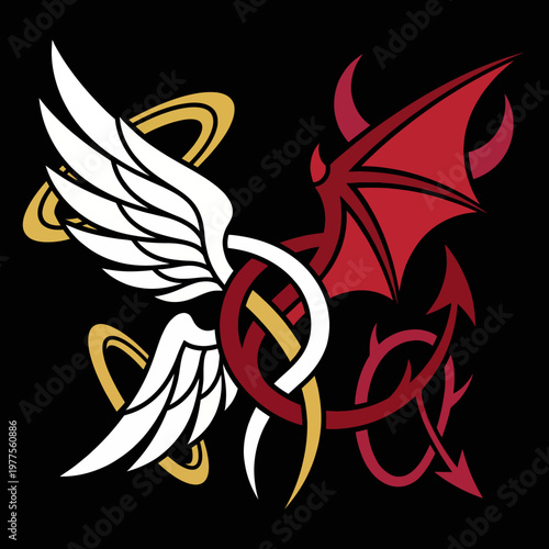 This striking image features a dynamic design of angelic wings and demonic elements, representing the duality of good and evil in a creative and artistic way.