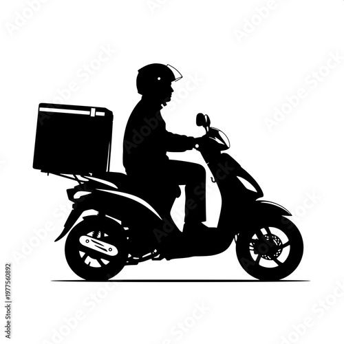 Delivery courier riding scooter with food delivery box in urban setting