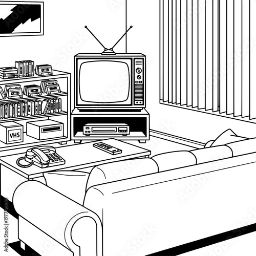 vintage living room with retro crt television and analog devices illustration