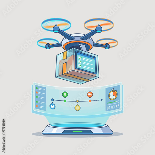 A modern drone overhead, delivering a package while displaying an interactive tracking interface exemplifies innovative delivery solutions in logistics and technology.