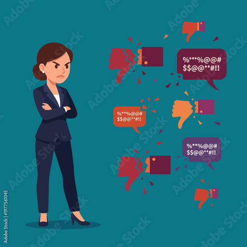 The image illustrates a displeased businesswoman standing confidently, surrounded by fragments of various negative feedback emojis, symbolizing criticism and frustration.