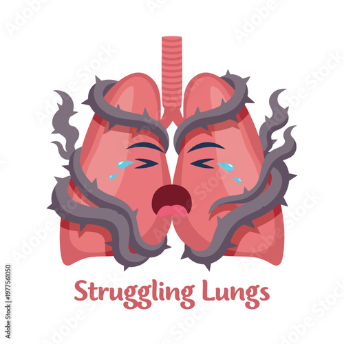 An illustration of anthropomorphic lungs crying symbolizes the harmful effects of pollution and smoking on health, pulling attention to respiratory issues and environmental concerns.