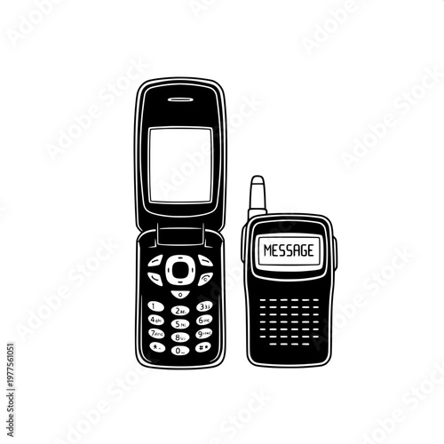 vintage flip phone and pager on white isolated background retro communication devices