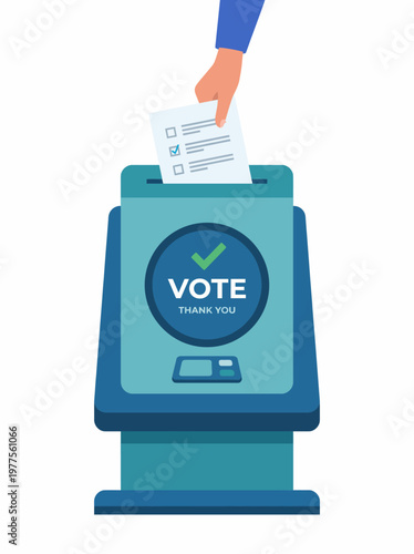An engaging illustration showcasing a hand placing a ballot into a voting box, emphasizing civic duty and participation in democratic processes within a modern context.