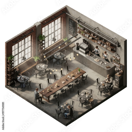 Isometric view of a modern industrial-style cafe interior with patrons.