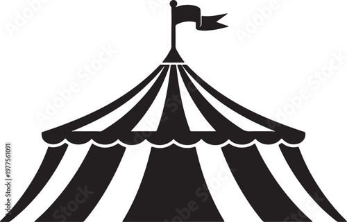 Black and white striped circus tent with flag on also transparent background, striped pattern outdoor event