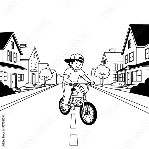Boy riding bicycle on quiet suburban street in minimalist line art illustration