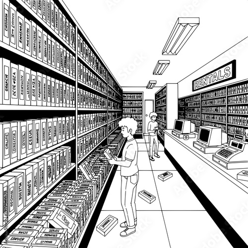 elderly man organizing books in bright modern library with shelves and fluorescent lighting