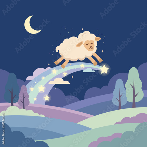 A whimsical illustration featuring a fluffy sheep leaping over a glimmering rainbow trail, set against a tranquil, starry nighttime landscape filled with soft colors.