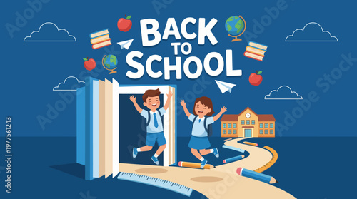This cheerful illustration captures two children joyfully jumping out of a book, symbolizing the excitement of returning to school and the adventures in learning.