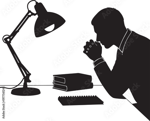 Silhouette of a man sitting at a desk with a lamp and books also transparent background
