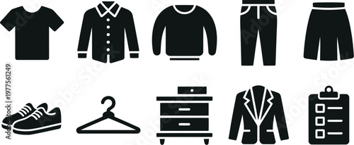 Clothing and Wardrobe Solid Icon Set, Apparel and Fashion Essentials Collection, Shirt, Dress, Shoes, Accessories Symbols, Solid Vector Icons for Web Design, Mobile Apps, UI Interfaces, and Retail