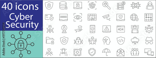 Cyber security icon set in line style, data protection, encryption, firewall and secure network symbols, modern vector collection.