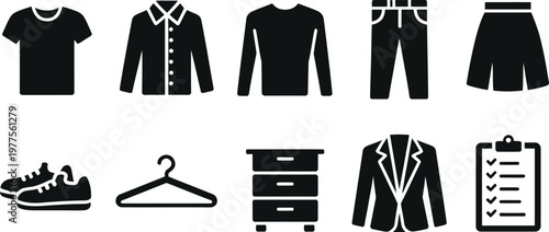 Clothing and Wardrobe Solid Icon Set, Apparel and Fashion Essentials Collection, Shirt, Dress, Shoes, Accessories Symbols, Solid Vector Icons for Web Design, Mobile Apps, UI Interfaces, and Retail