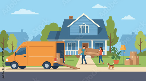 This lively illustration depicts a family happily moving into their new home, carrying boxes with a cheerful dog by their side, showcasing the theme of new beginnings.