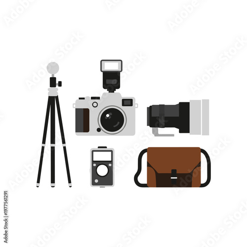 Assorted photography equipment and accessories displayed together