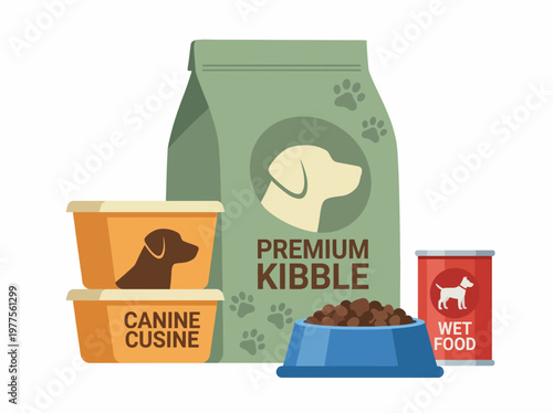 An image showcasing various dog food products, including kibble, canine cuisine, and wet food, highlighting pet care, nutritional choices, and vibrant packaging to attract pet owners.