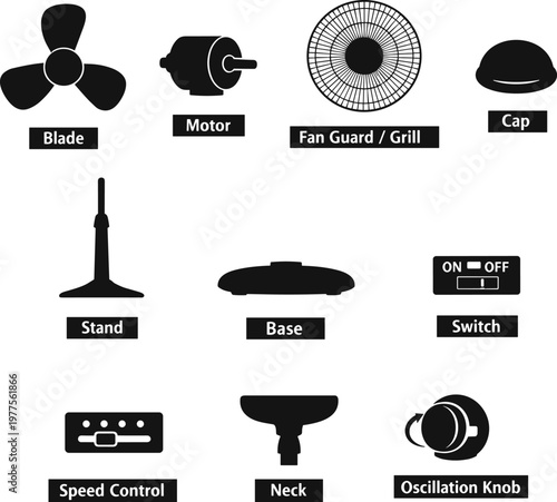 Technical set of electric fan spare parts icons including motor blade guard stand base switch neck and oscillation knob