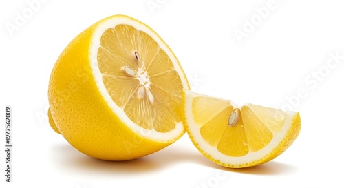 Bright yellow lemon cut in half and a wedge slice on clean white background.