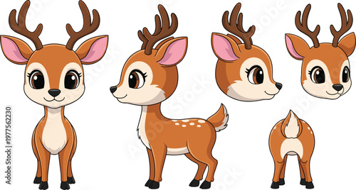 Cute Cartoon Deer Character Illustration Featuring Front Side Back and Head Views with Antlers Adorable Wildlife Animal Vector Design.