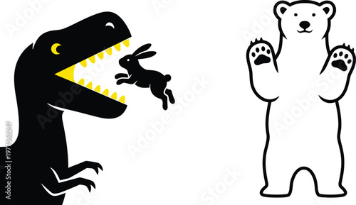 Minimalist flat vector illustration set featuring a black dinosaur head with yellow teeth a jumping rabbit silhouette and a cute white polar bear