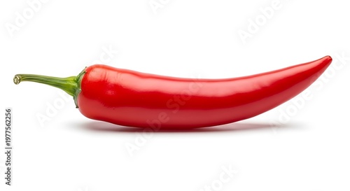 Bright red chili pepper with green stem isolated on white background studio shot.