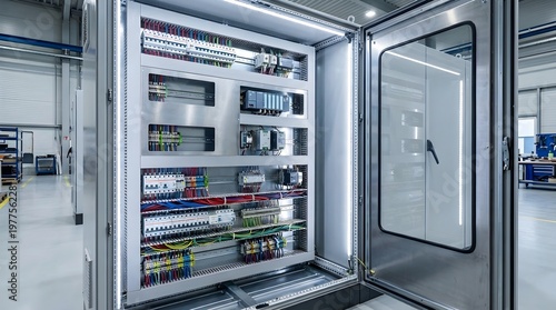 Industrial electrical control panel cabinet with wiring and circuit breakers in facility