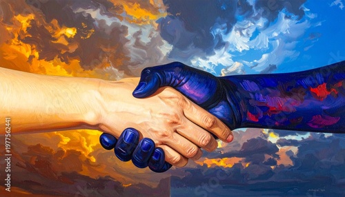 Handshake with orange and blue clouds, symbolizing unity, cooperation, and contrast in partnership.