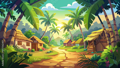 Tropical village, cartoon landscape, palm trees, hut homes, exotic getaway