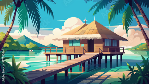 Tropical island hut, wooden pier, palm trees, beach scene, vacation home