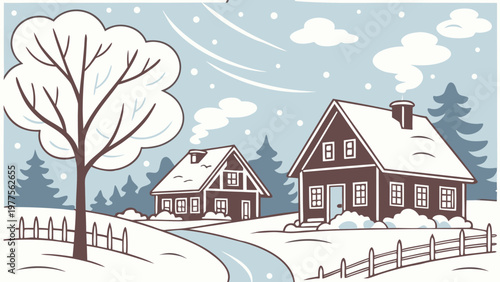Winter village, snow covered houses, rural landscape, vector illustration