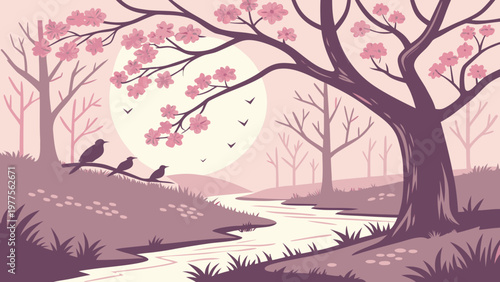 Blush pink cherry blossom landscape, serene moonlit scenery, vector illustration, nature background