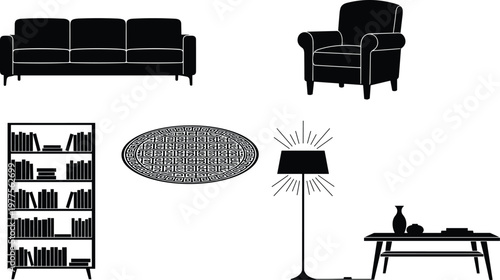 Living room interior illustration, sofa, armchair, bookshelf, rug, floor lamp, coffee table, home decor, furniture, design, modern style