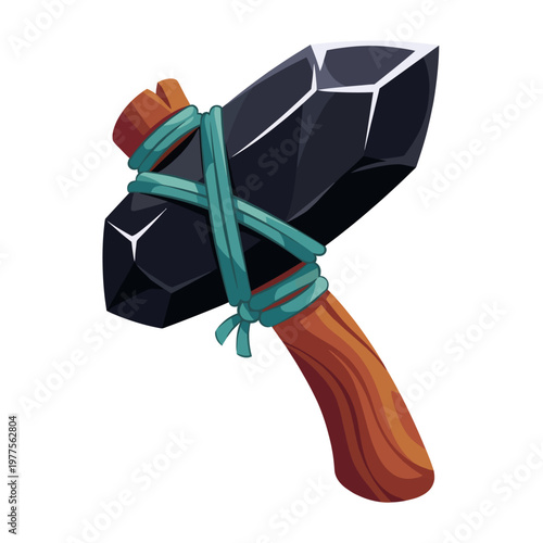 An artistic depiction of a primitive hammer made from stone and wood, reflecting human innovation in tool-making and craftsmanship from prehistoric times.