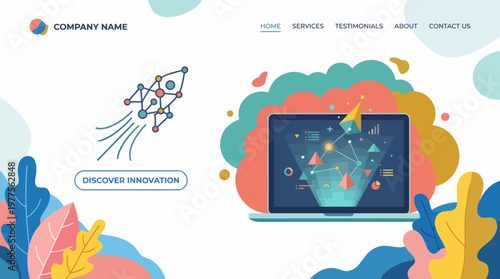 An artistic representation of a laptop screen displaying innovative graphics, surrounded by colorful abstract designs that symbolize technological evolution and creativity.