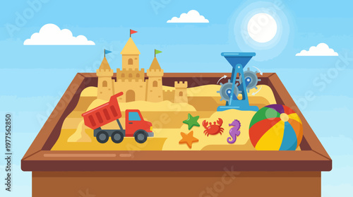 An engaging image showcasing a sandbox filled with a castle, toys, and a vibrant setting, representing the joy and creativity of childhood playtime.