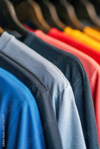 Row of shirts hanging on a metal rack in a store or closet. vertical frame