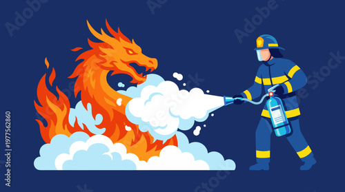 A dynamic illustration of a firefighter bravely extinguishing a fiery dragon, embodying courage, heroism, and the fight against danger in a vibrant artistic style.