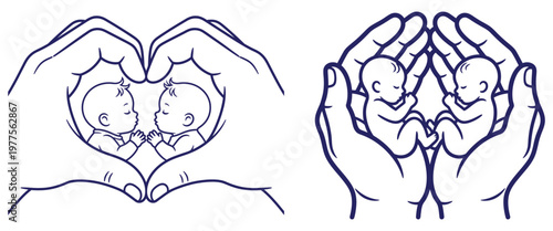Cupped hands forming heart shape protecting newborn babies line art illustration for maternity and family love concept.
