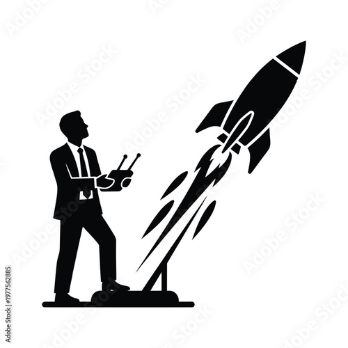 Businessman launching a rocket, silhouette suit