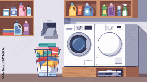 This image depicts a neatly organized laundry room featuring washing machines and colorful bottles of detergent, emphasizing cleanliness and home care. Perfect for domestic themes.